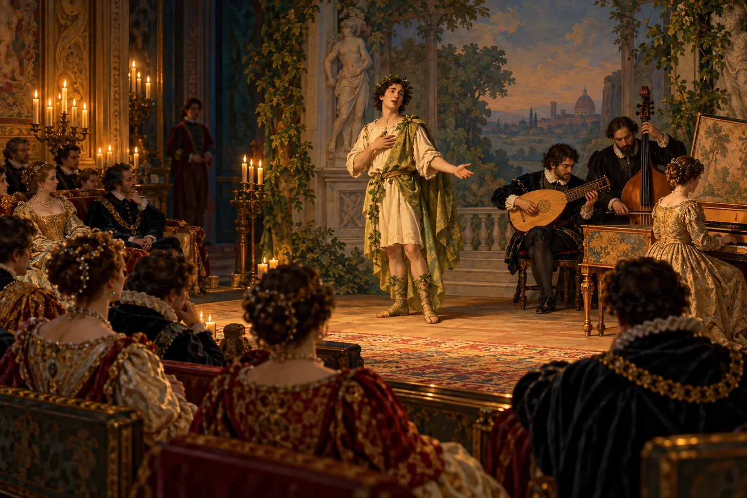 A singer in pastoral costume performs with period string and keyboard accompaniment before a Florentine court audience.