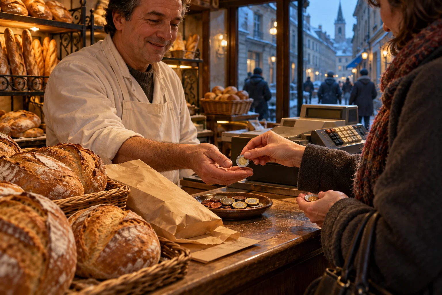 A customer and baker exchange small coins over a bread-filled bakery counter.