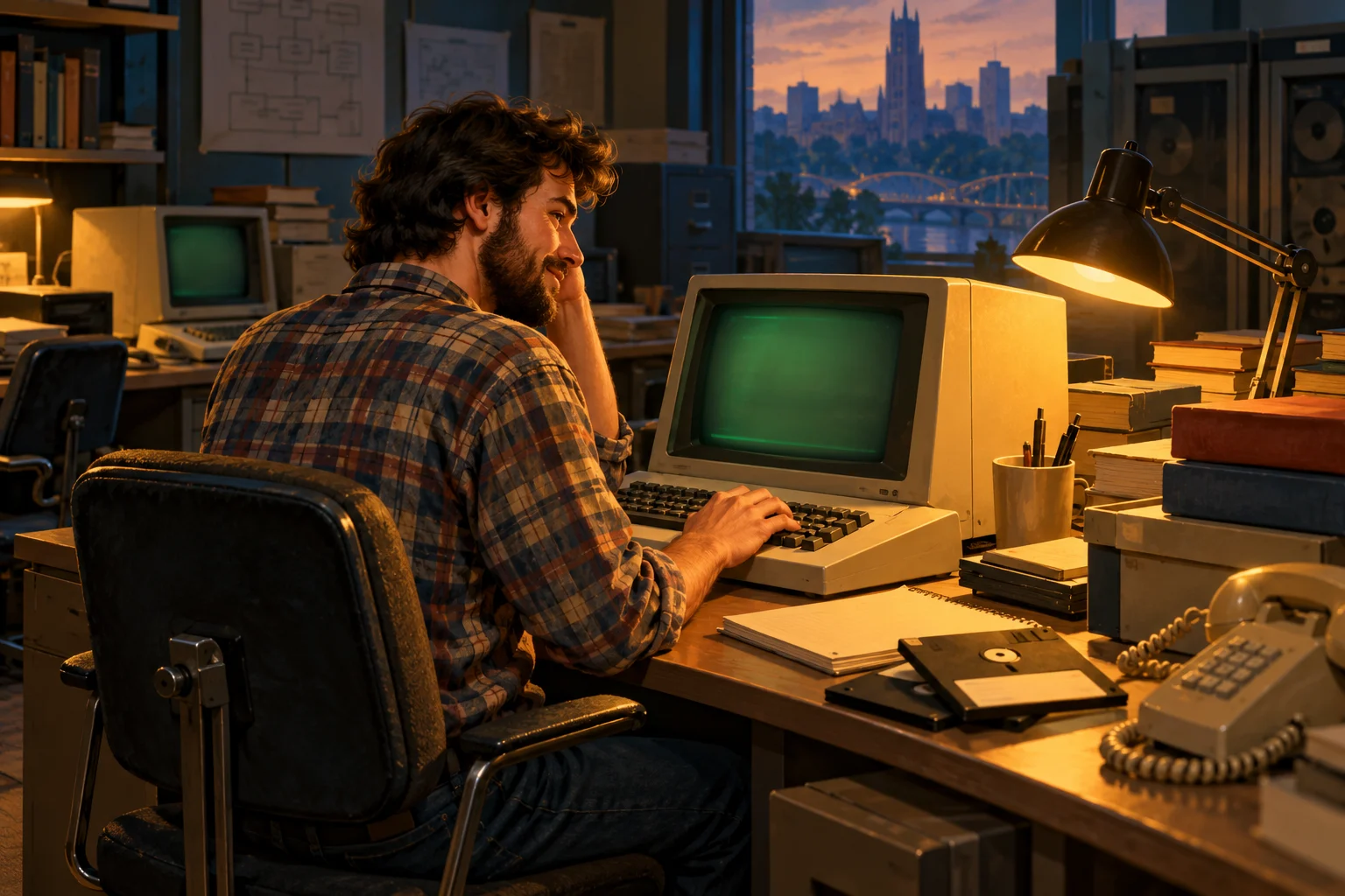 A bearded researcher tilts his head beside a glowing computer terminal in a 1980s university office.
