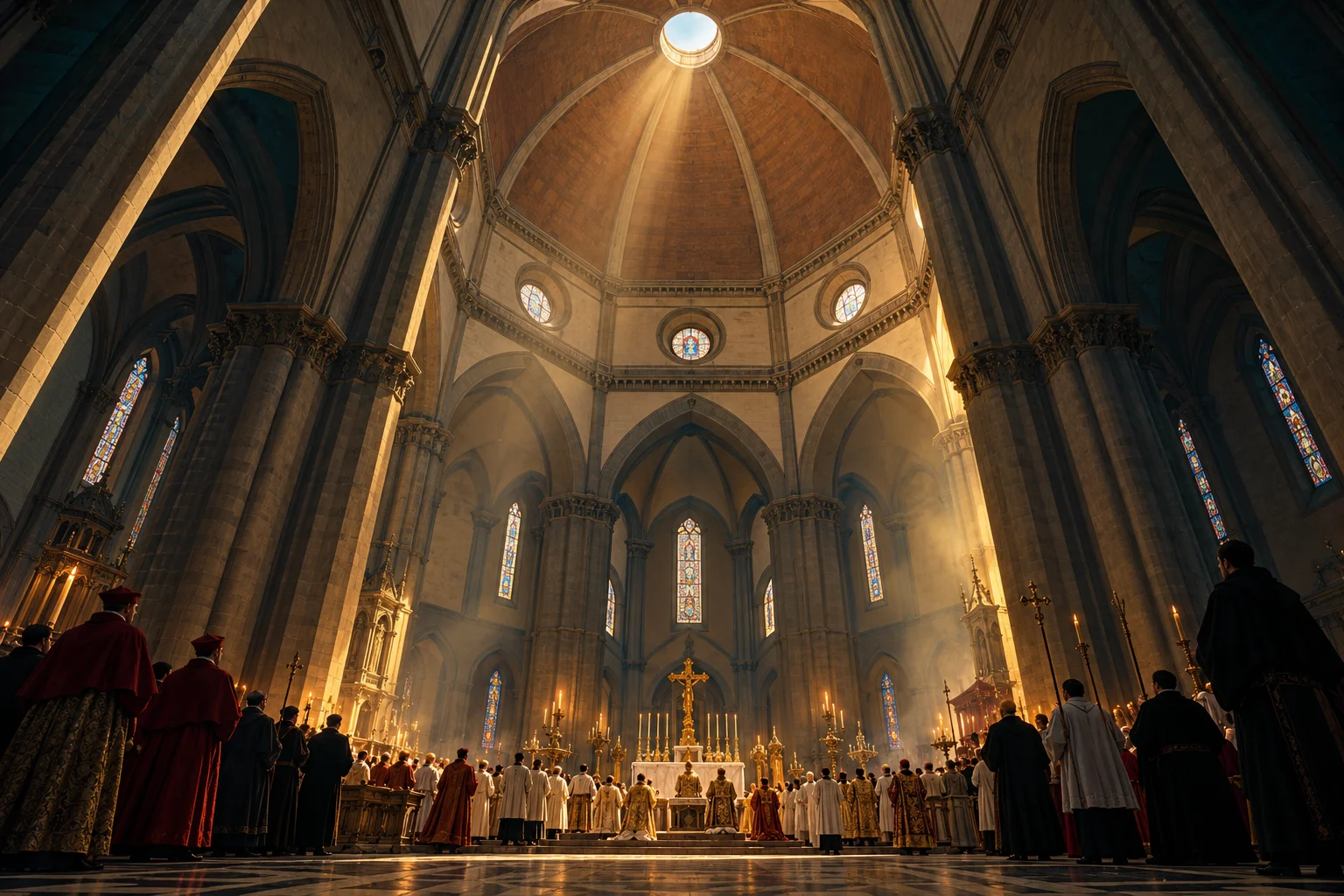 Clergy gather beneath a vast unpainted masonry dome in an imagined fifteenth-century cathedral ceremony.