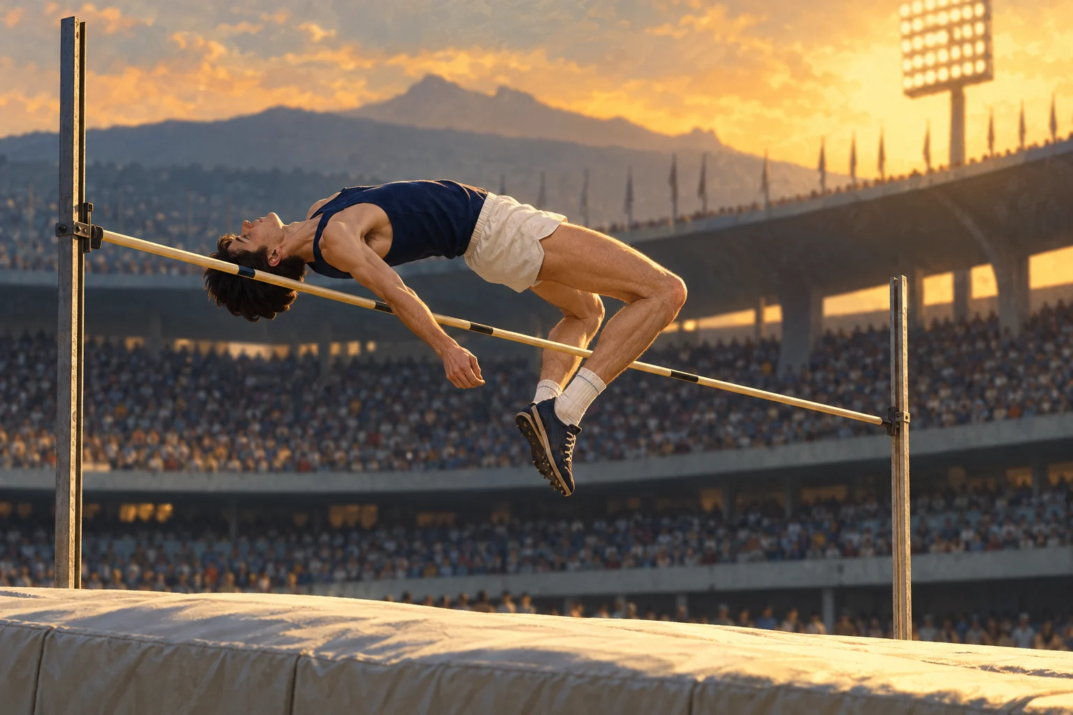 A high jumper arches backward over a bar above a padded landing area in a stadium.