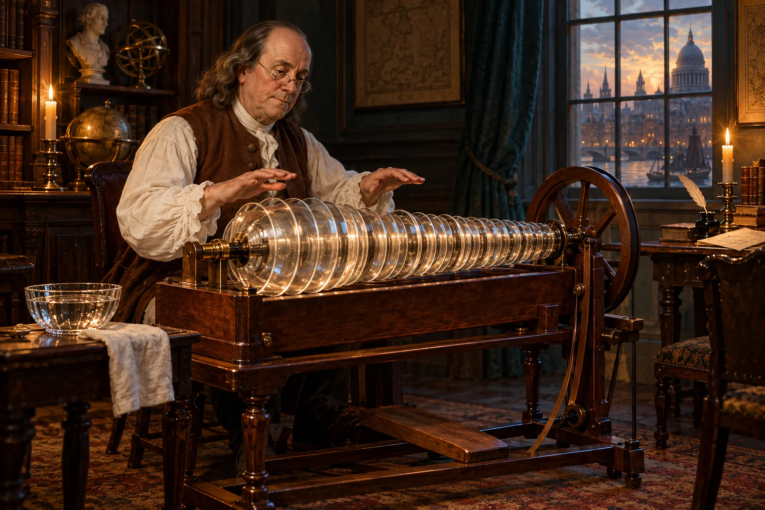 Benjamin Franklin examines nested glass bowls mounted on a horizontal spindle with a wooden foot treadle.