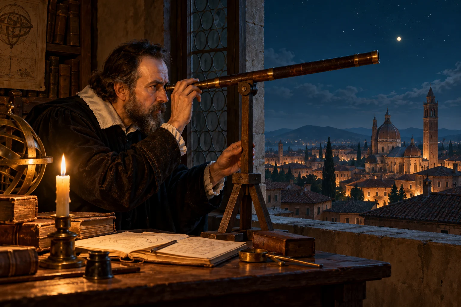 Galileo looks through a long, narrow telescope beside an open window above Padua's rooftops.