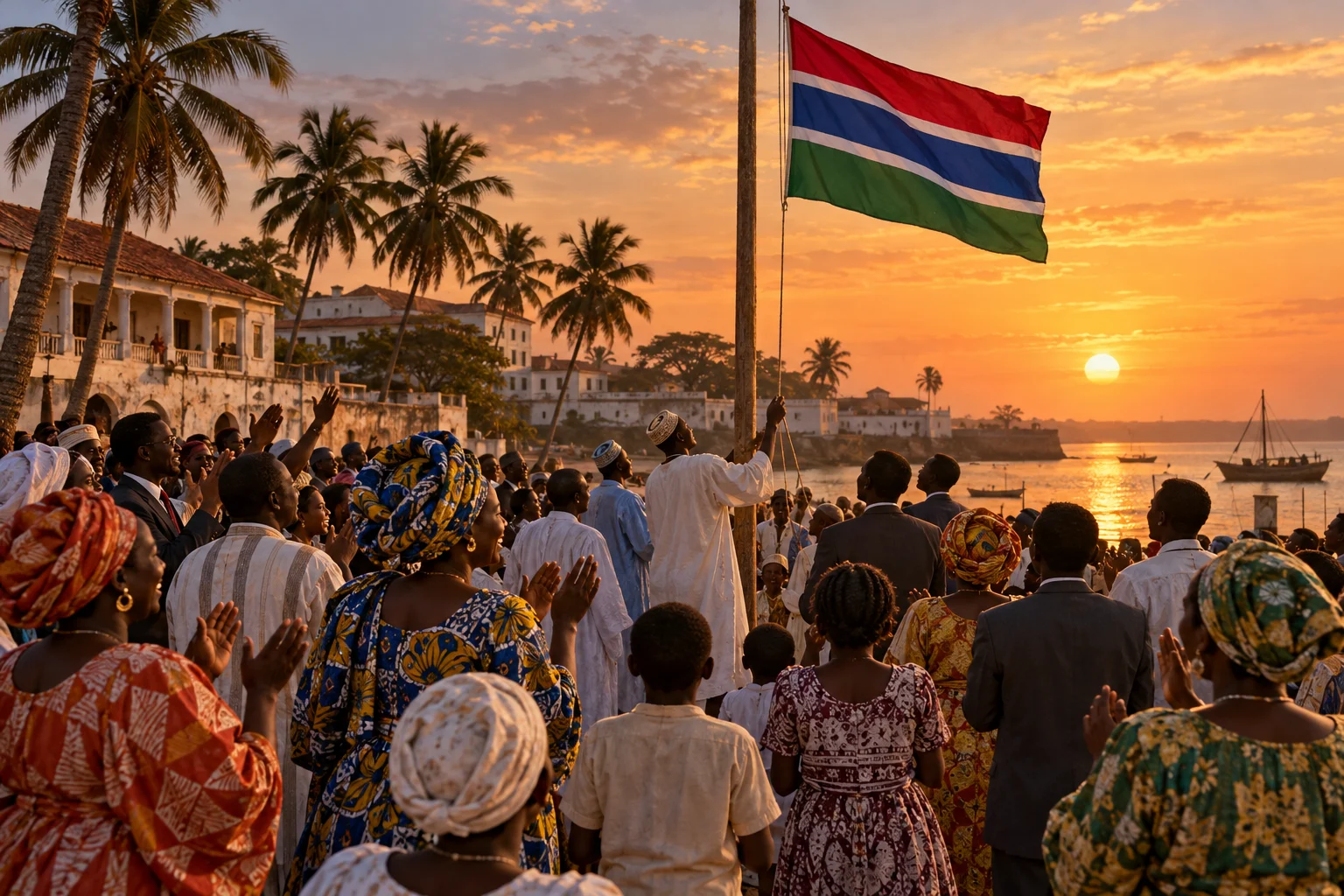 Illustration of Gambian families watching their red, white, blue and green national flag being raised near the waterfront.