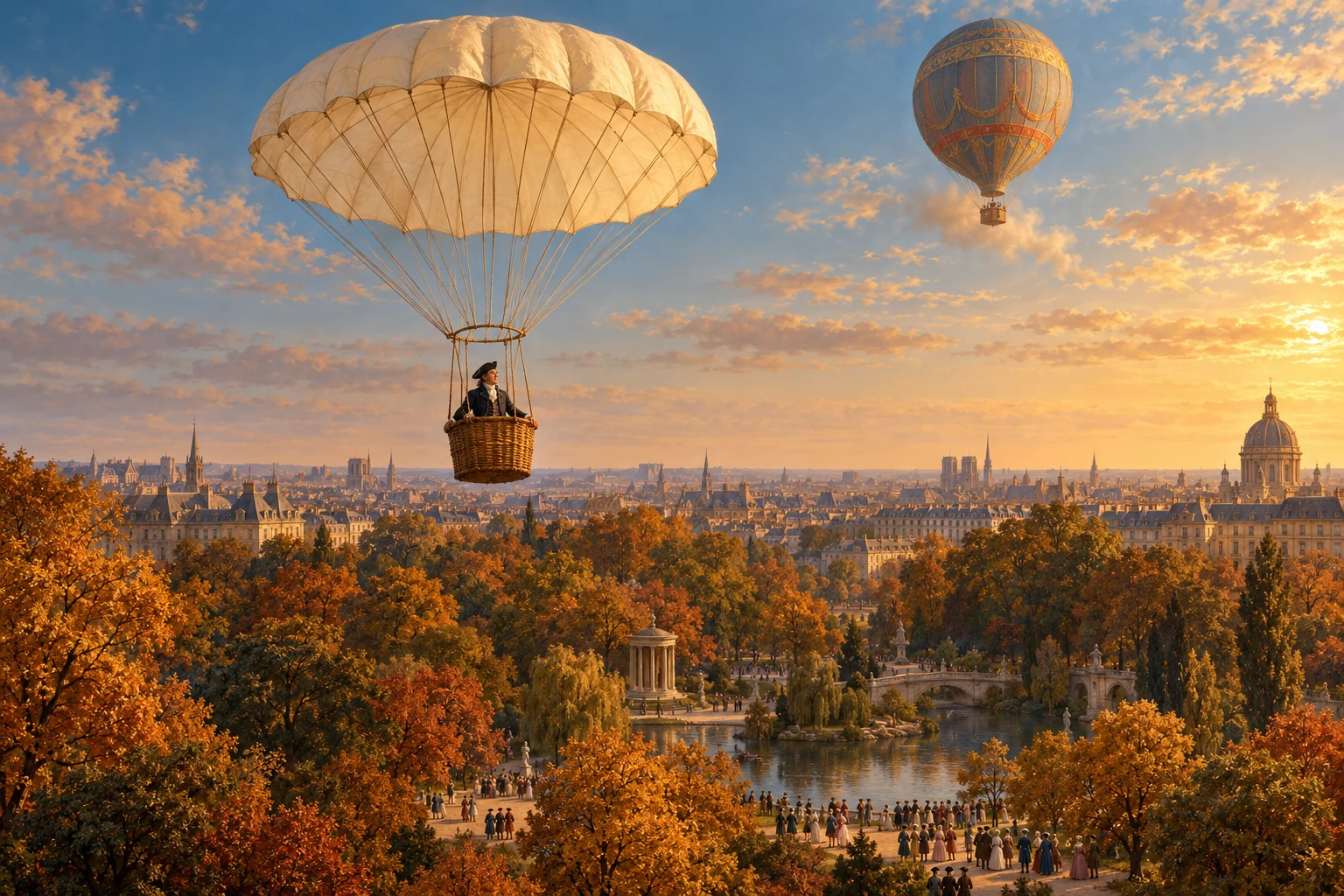 An aeronaut descends in a wicker basket beneath a silk parachute above autumnal Paris.