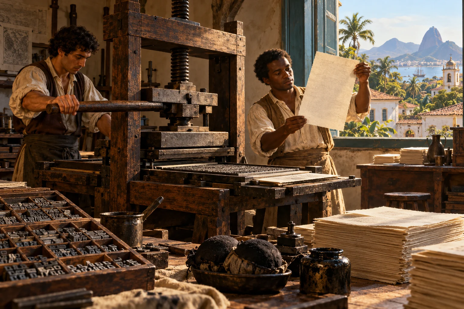 Printers operate a wooden hand press and lift a fresh sheet in an early nineteenth-century Rio de Janeiro workshop.