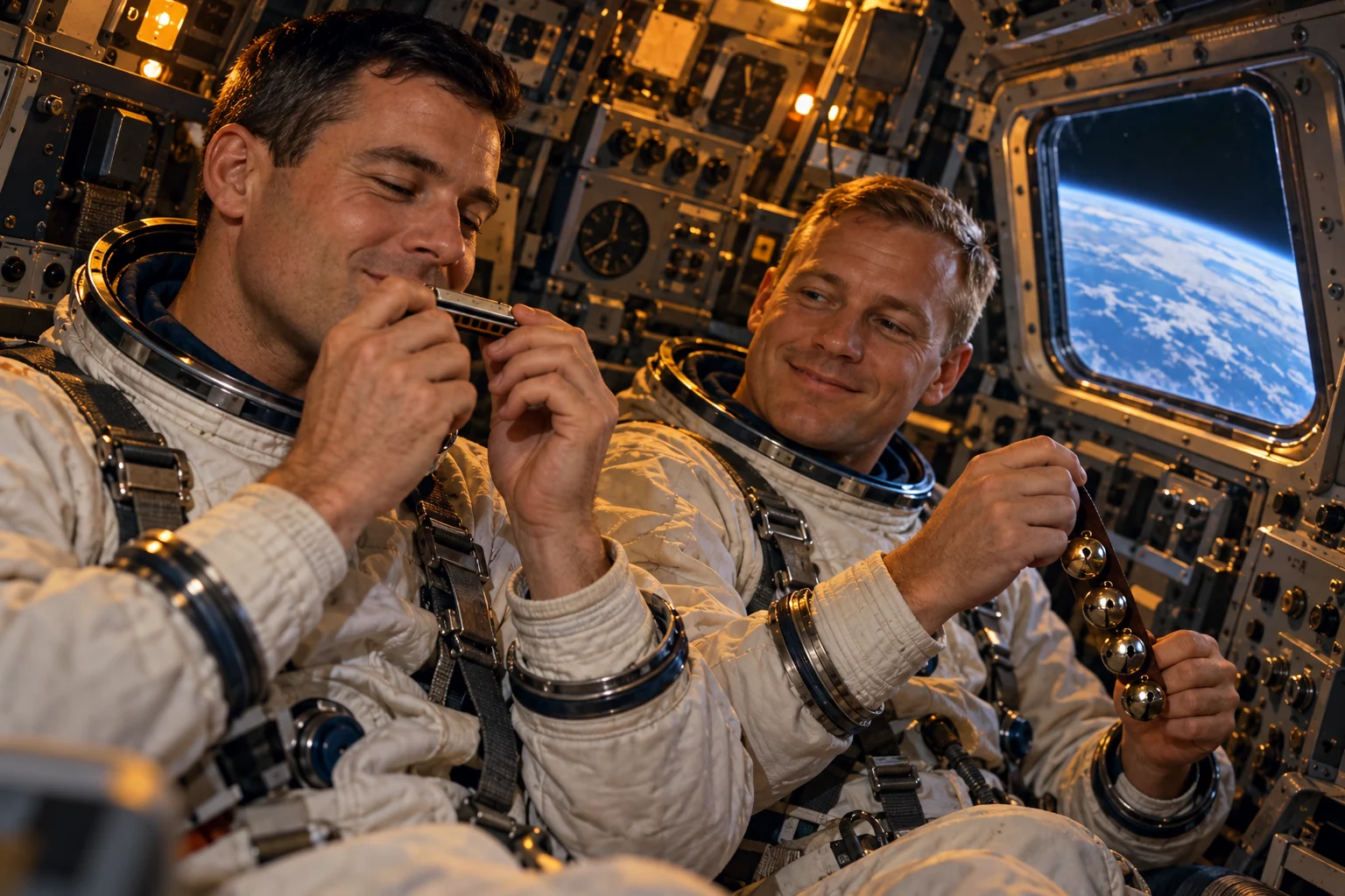 Two astronauts in a cramped Gemini cockpit hold a small harmonica and a strap of sleigh bells, with Earth outside a window.