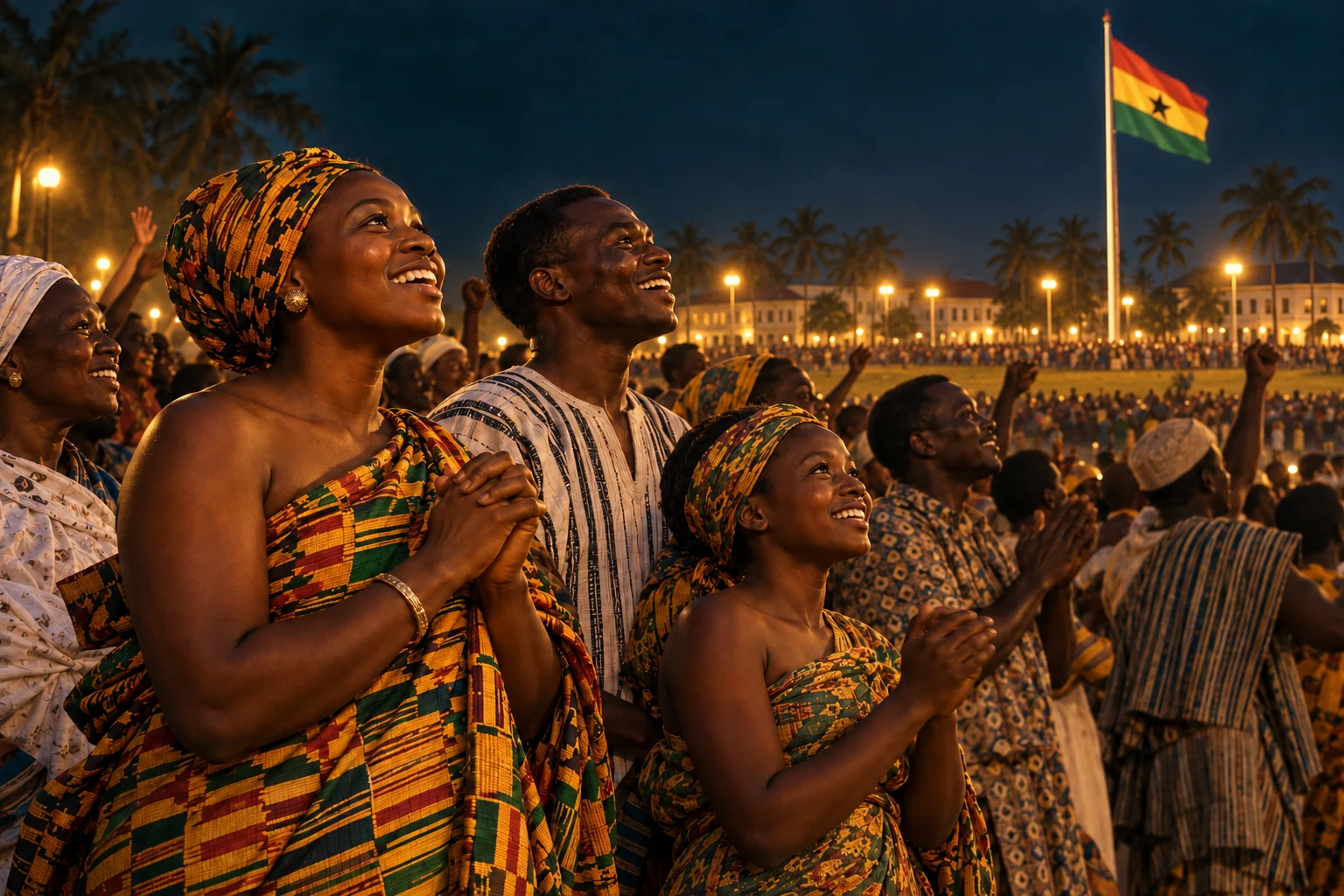 Ghanaians celebrate independence in Accra in 1957, beneath their new national flag, with period buildings and palm trees in the background.
