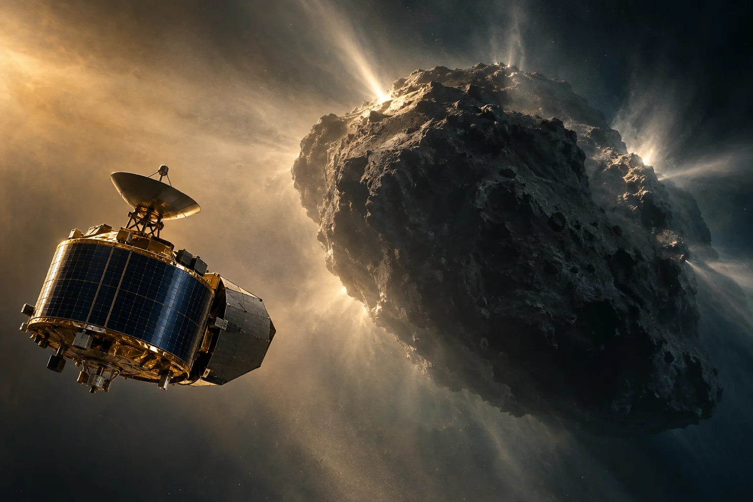 A cylindrical spacecraft approaches an irregular comet nucleus amid streams of illuminated gas and dust.