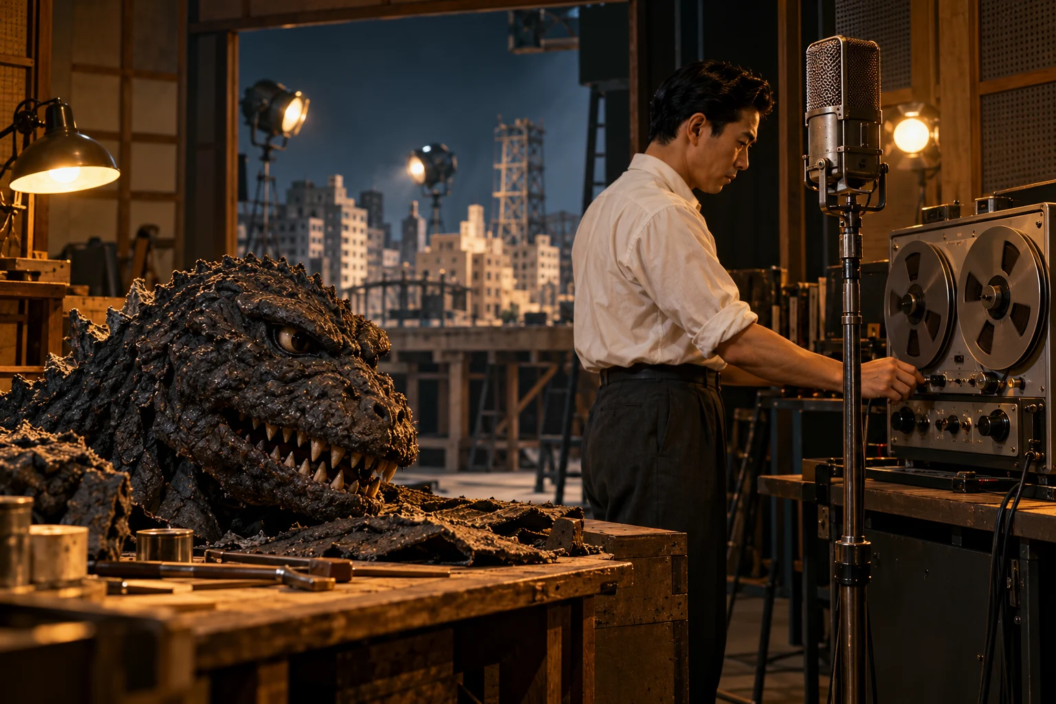 A Japanese studio technician works beside a tape recorder and microphone, with a monster prop on a nearby table.