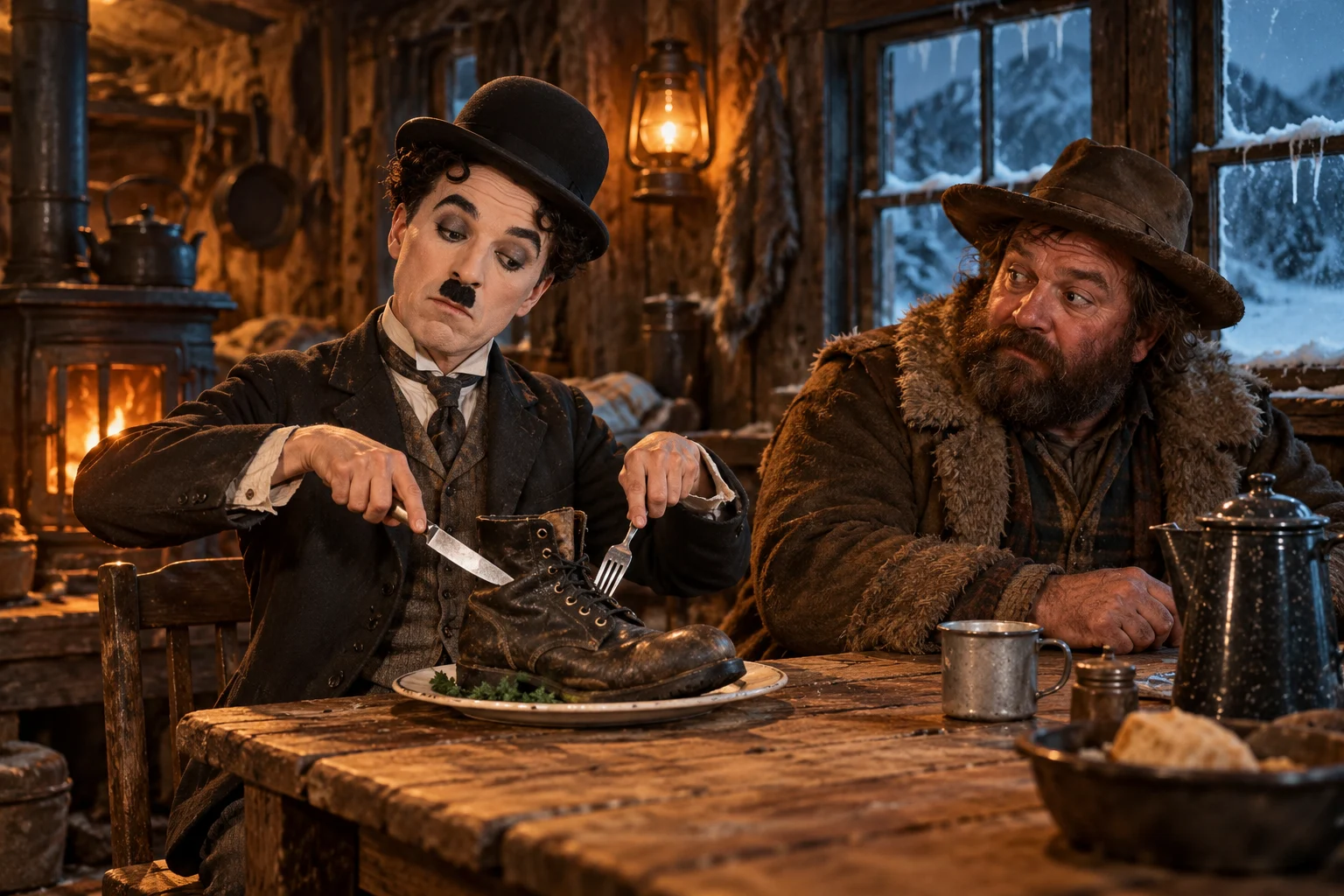 A bowler-hatted silent-film comedian prepares to dine on a boot while a fellow prospector watches.