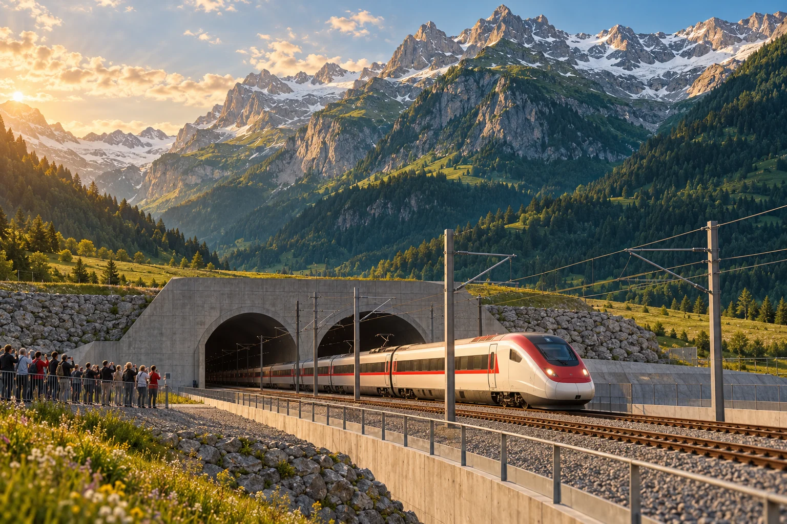 An electric passenger train emerging from a low Alpine tunnel portal beneath high mountains.