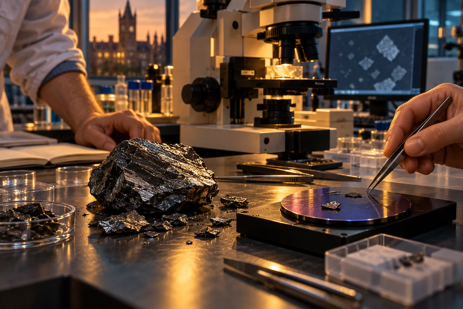 Graphite fragments, tweezers and a microscope on a warmly lit laboratory bench.