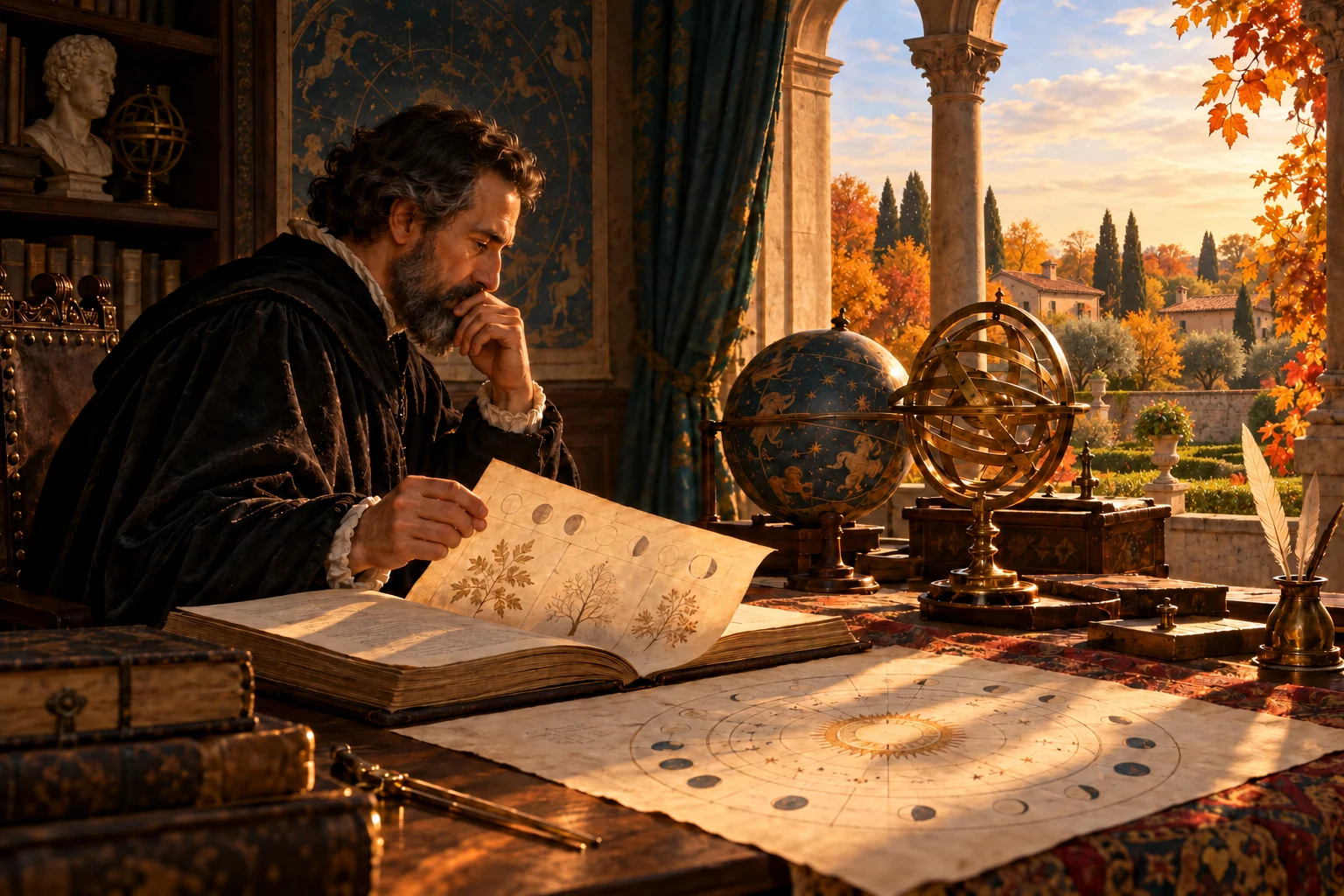 A Renaissance scholar studies a book, a celestial globe and brass astronomical instruments beside an autumn garden.