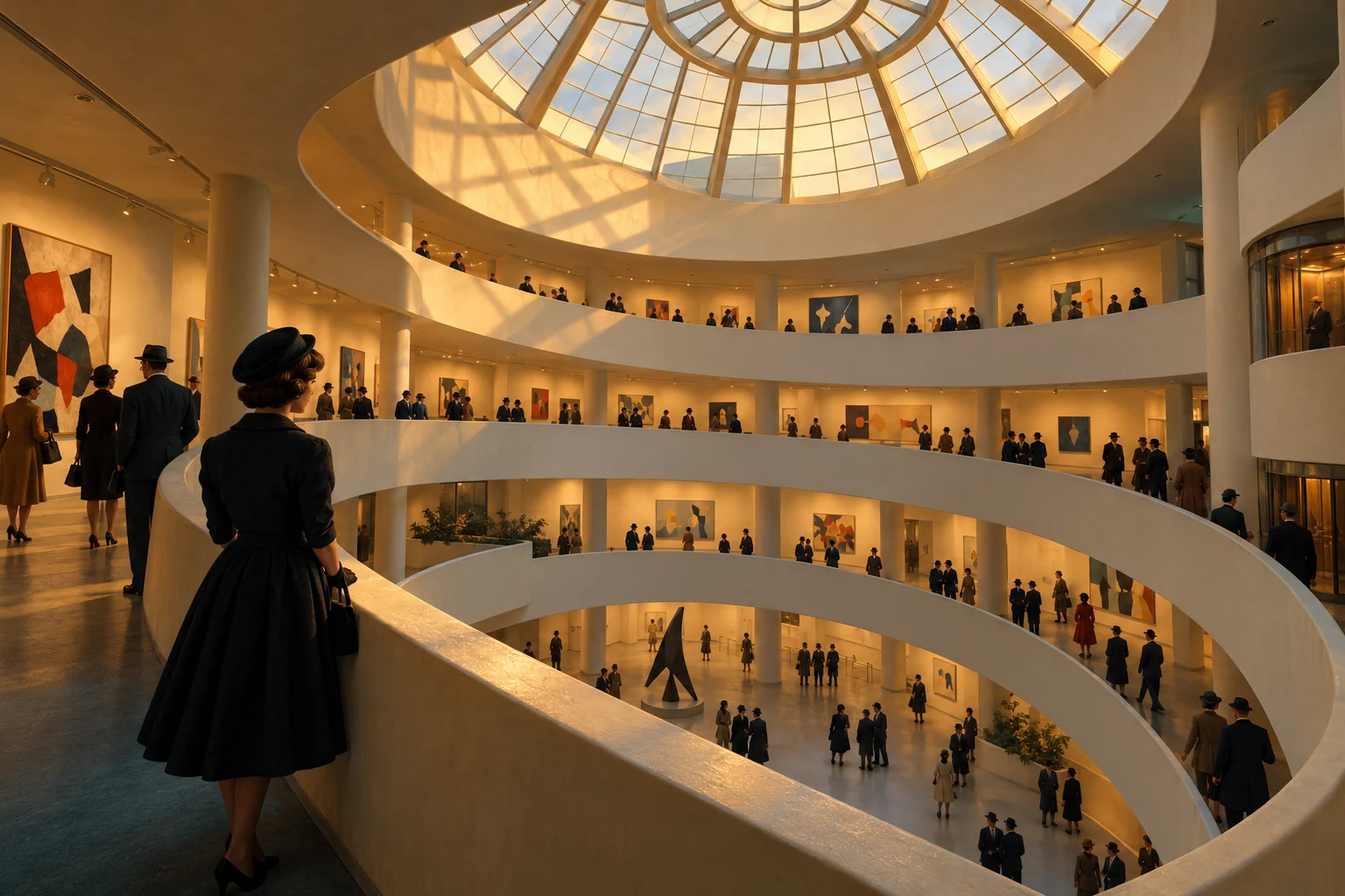 Visitors in 1950s clothing look across the Guggenheim rotunda and its curving gallery ramp.