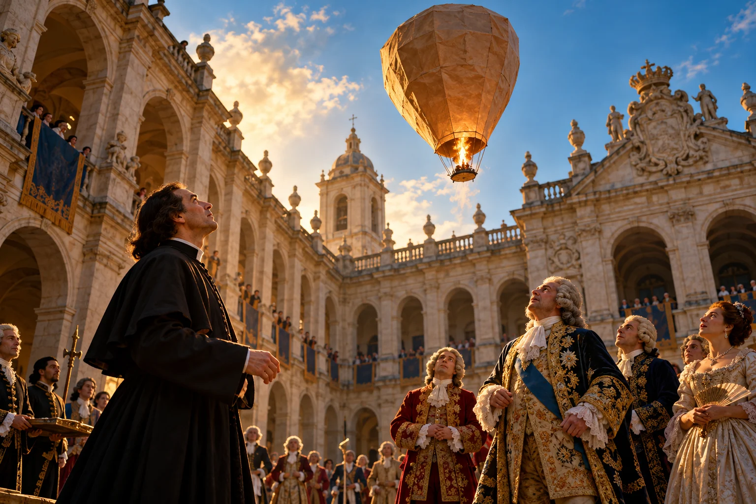 A priest and Portuguese courtiers watch a small paper balloon rise above a palace courtyard.