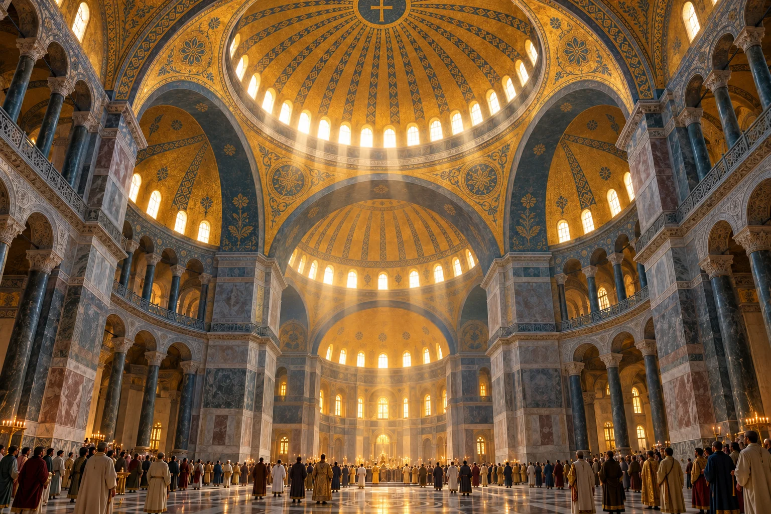 An imagined sixth-century Hagia Sophia interior shows its broad dome, great arches, curved supports and small worshippers.