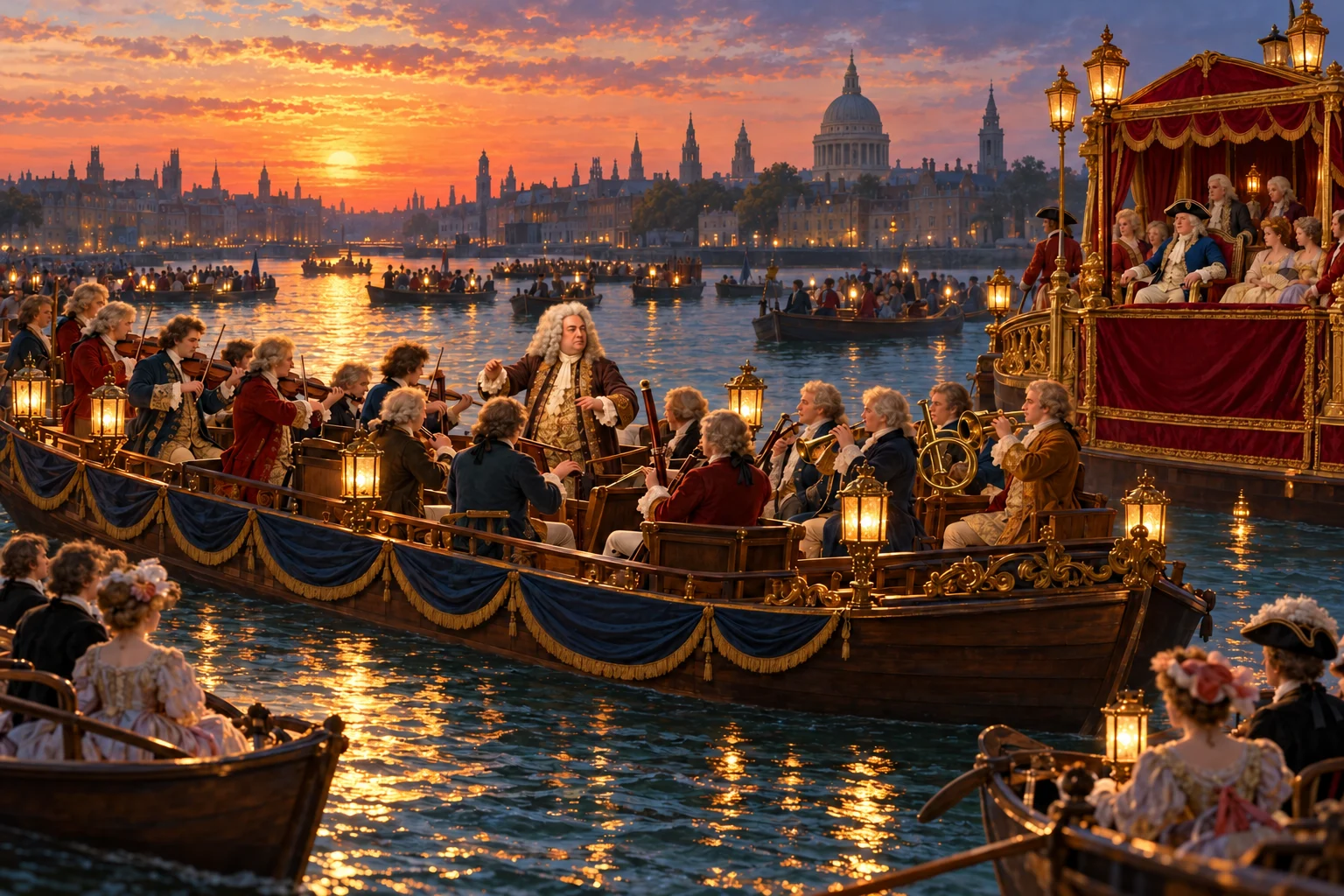 Musicians play period strings and wind instruments on a Thames barge beside a royal boat at dusk.