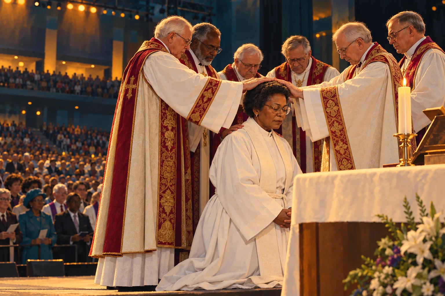 Barbara Harris kneels as male bishops lay hands on her during a ceremony in a large Boston hall.
