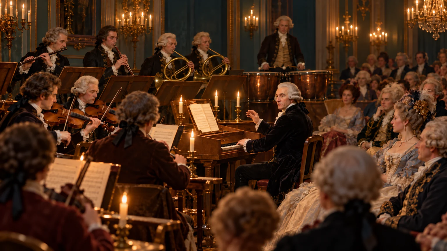 Haydn directs an eighteenth-century orchestra from a fortepiano before a candlelit London audience.