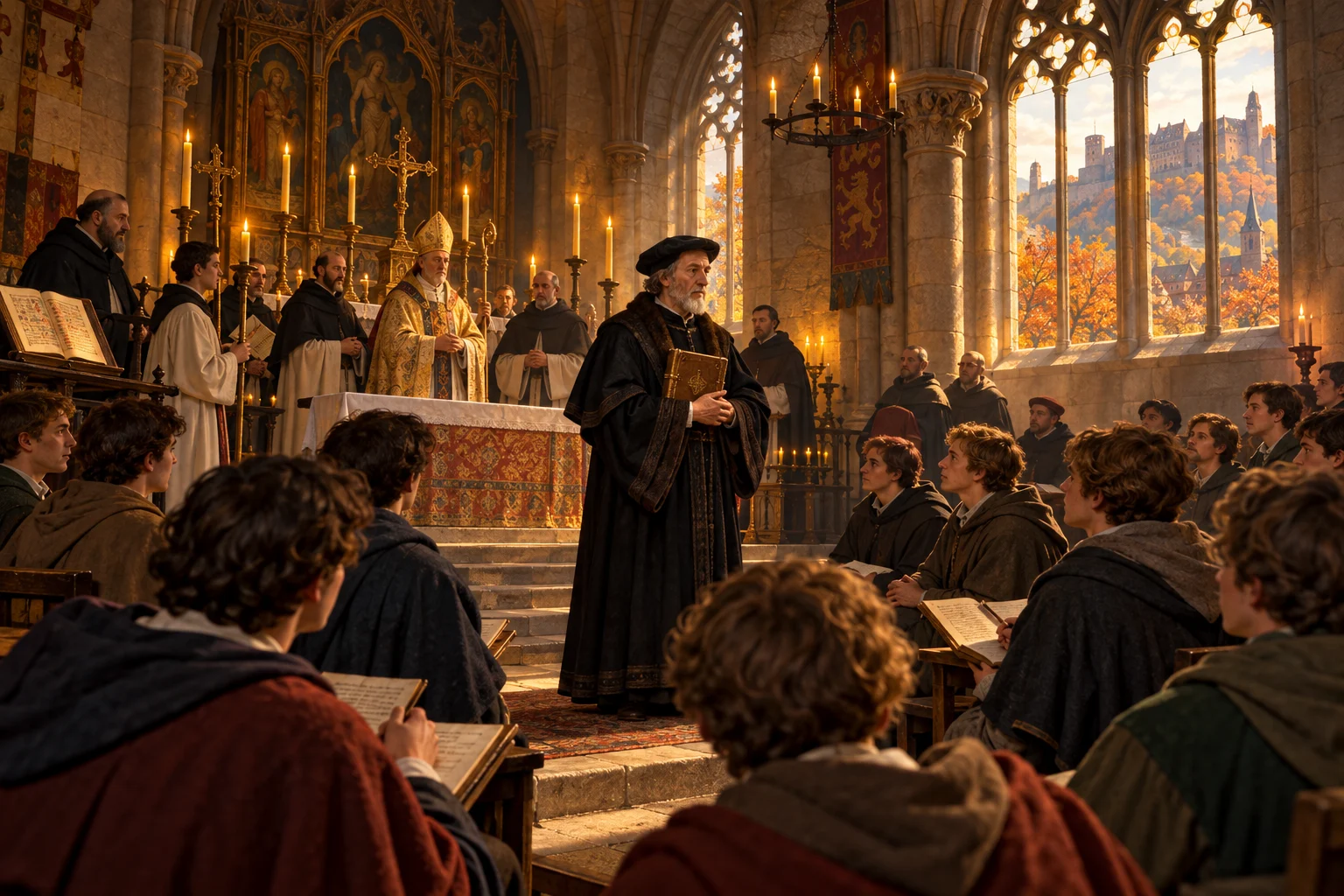 Medieval scholars and clergy gather with manuscripts and candlelight for a university opening service.