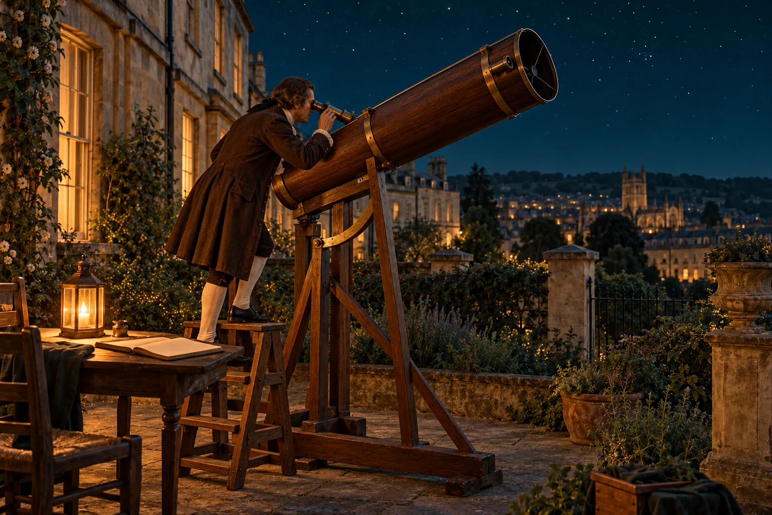 An eighteenth-century observer uses a wooden reflecting telescope in a lantern-lit garden in Bath.