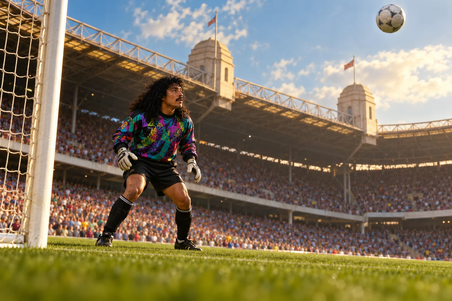 A long-haired Colombian goalkeeper watches a high ball approaching his goal at old Wembley.