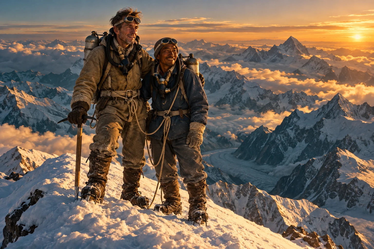 Two roped mountaineers with metal oxygen cylinders stand on a snowy Himalayan ridge.