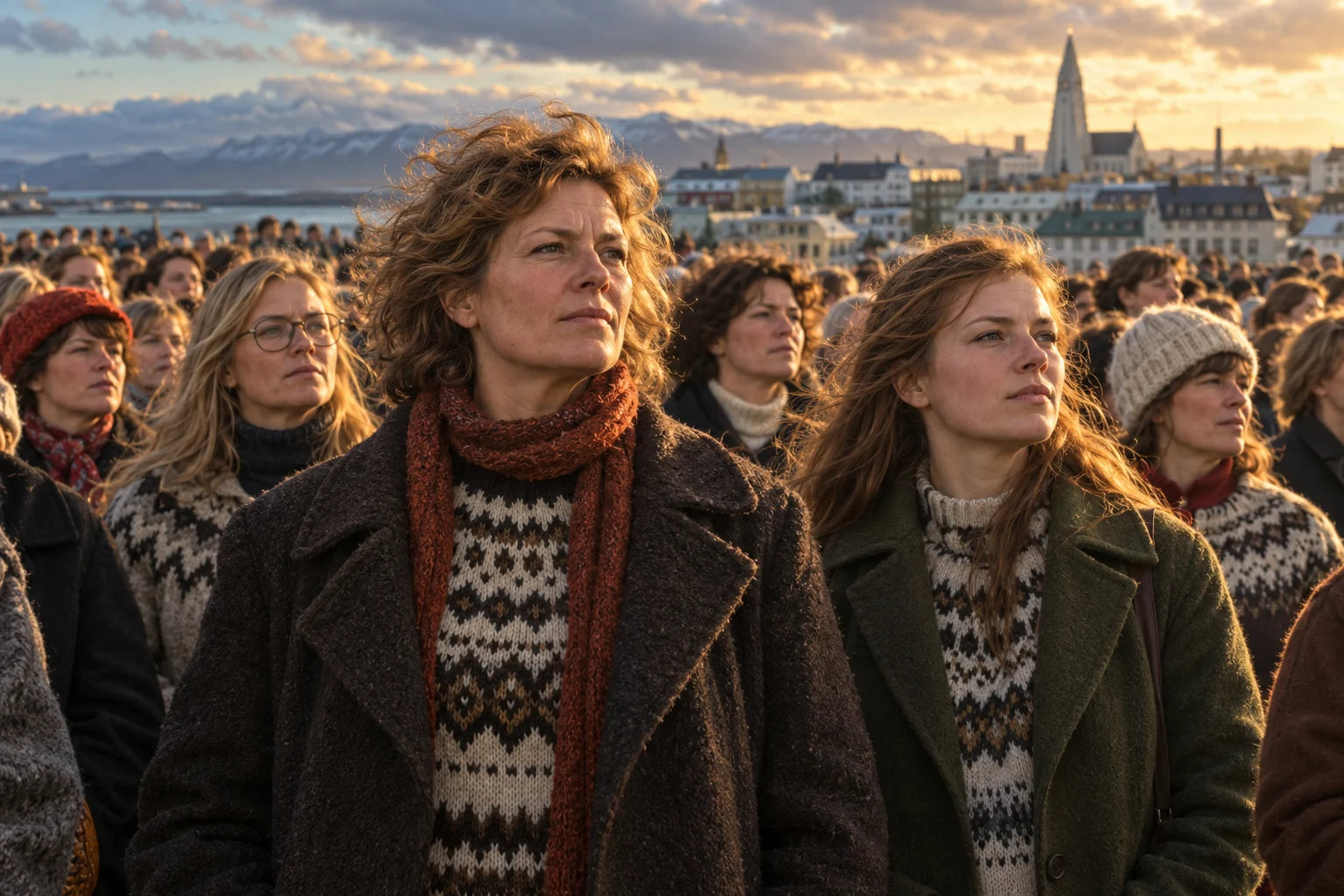 Women in wool coats and knitted sweaters stand together at an autumn outdoor rally in Reykjavik.