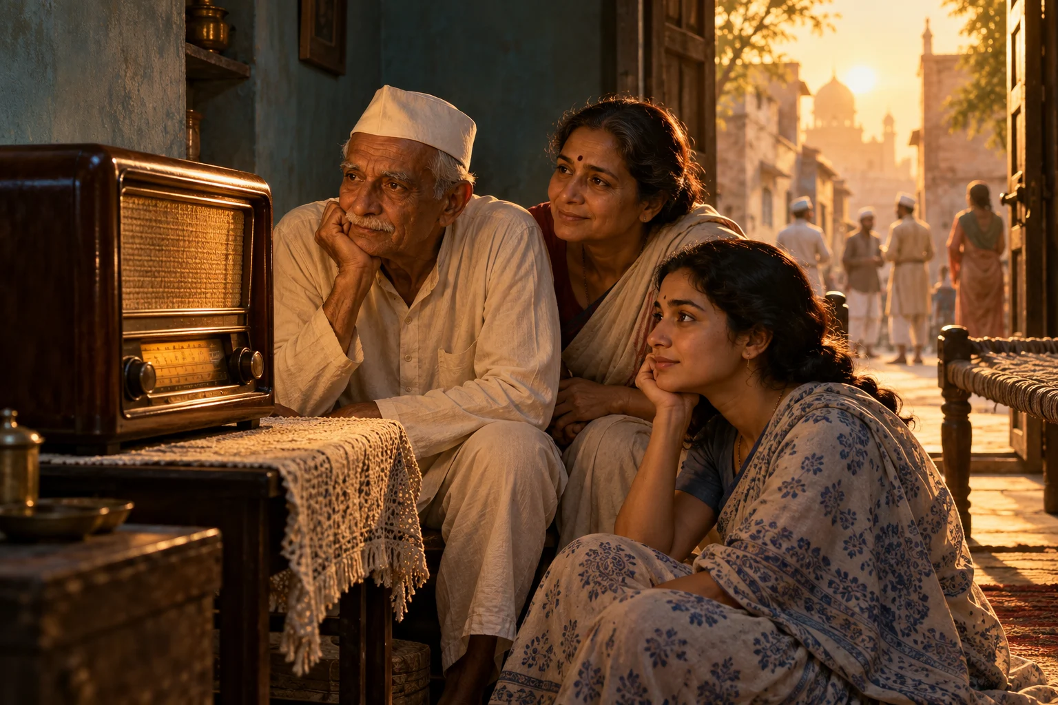 An Indian family listens closely to a wooden valve radio in a home doorway at dawn.