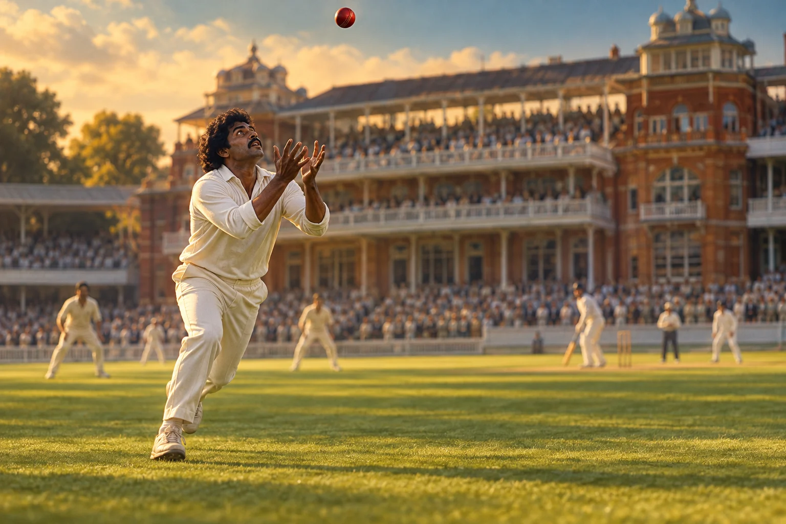 An Indian cricket fielder watches a descending red ball with Lord's pavilion behind him.