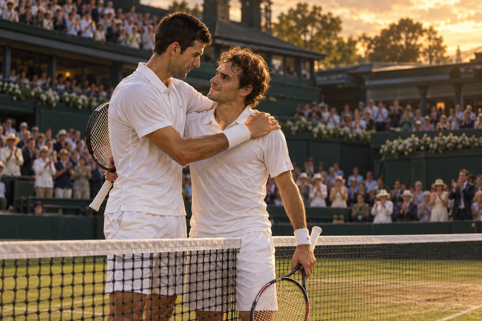 Two tennis players in white embrace across a grass-court net as spectators applaud.
