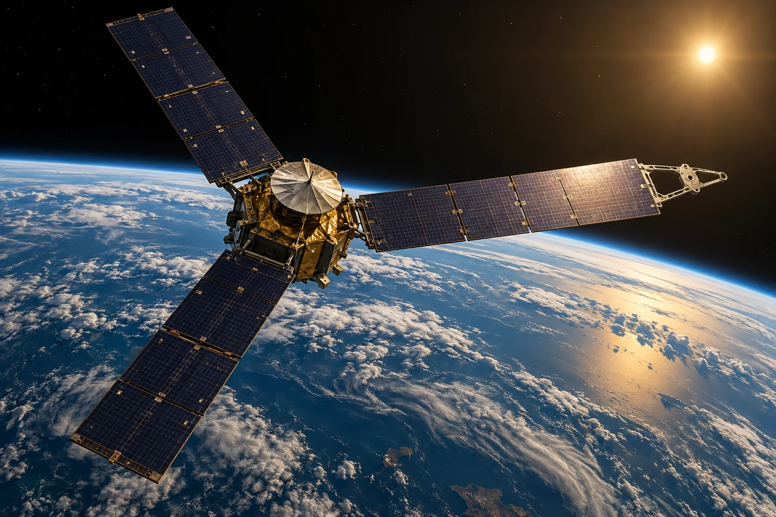 Juno’s three long solar-panel wings spread above the curved Earth after launch.