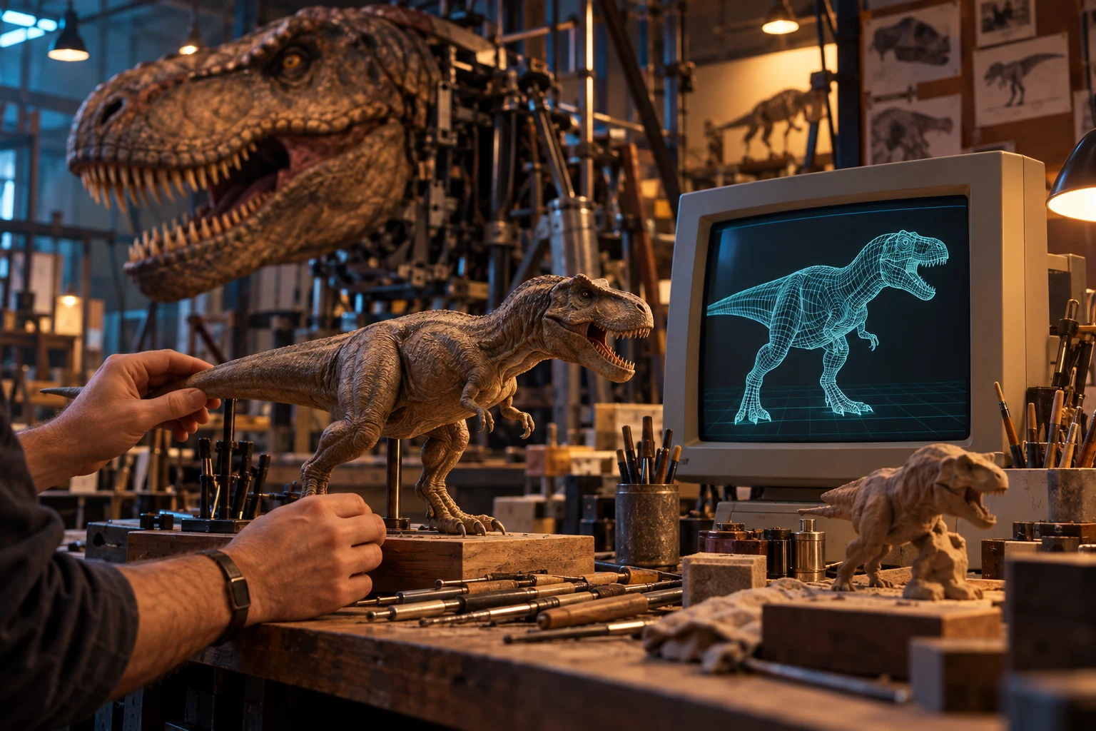 A dinosaur maquette, a wireframe dinosaur on a 1990s monitor and a mechanical creature head share an effects workshop.