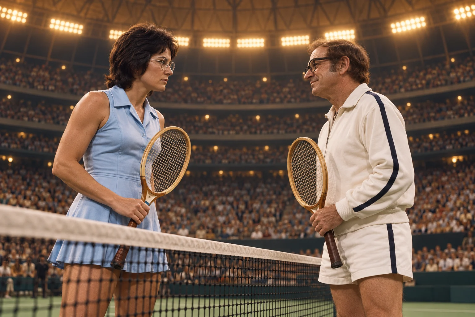 Billie Jean King and Bobby Riggs face each other across a tennis net beneath the Astrodome roof.