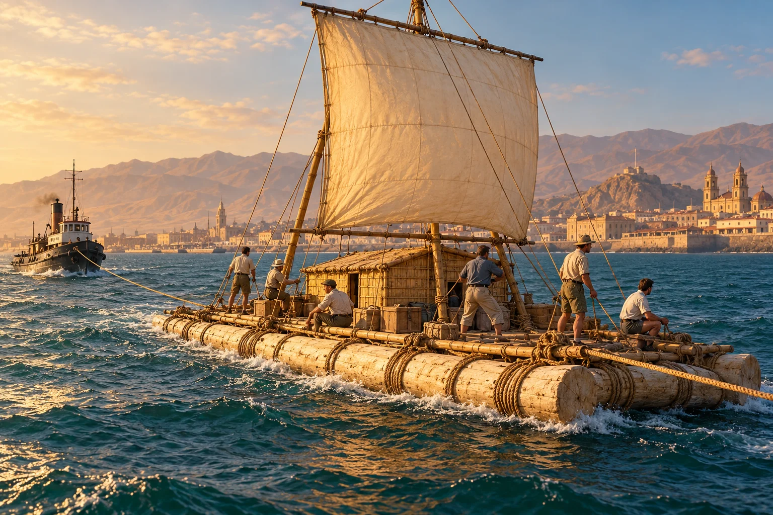 Six expedition members aboard a rope-lashed balsa raft leaving a Peruvian harbour.