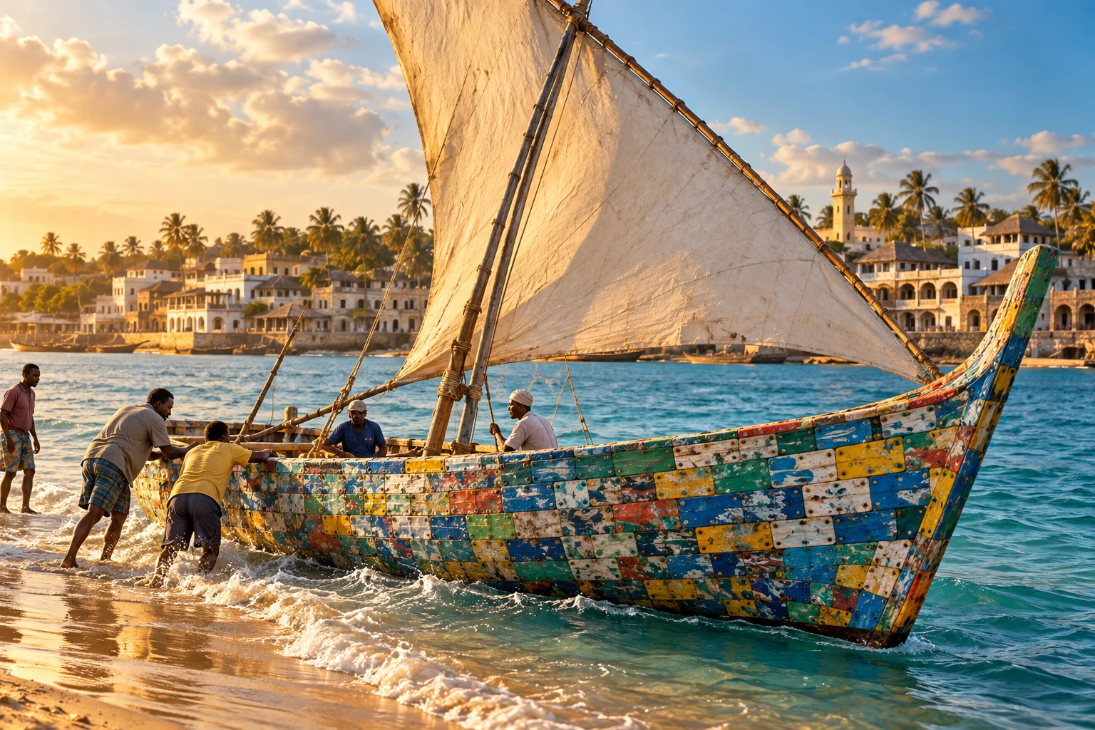 Boatbuilders guide a colourful recycled-plastic sailing dhow into shallow water off Lamu.