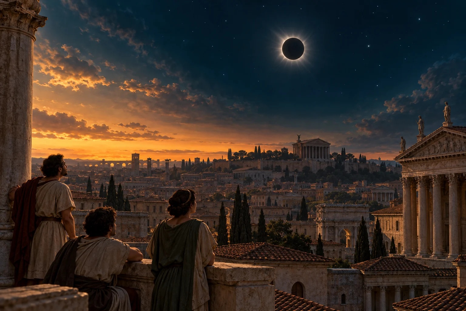Late Roman observers watch a darkened Sun above classical buildings, with faint stars and an amber horizon.
