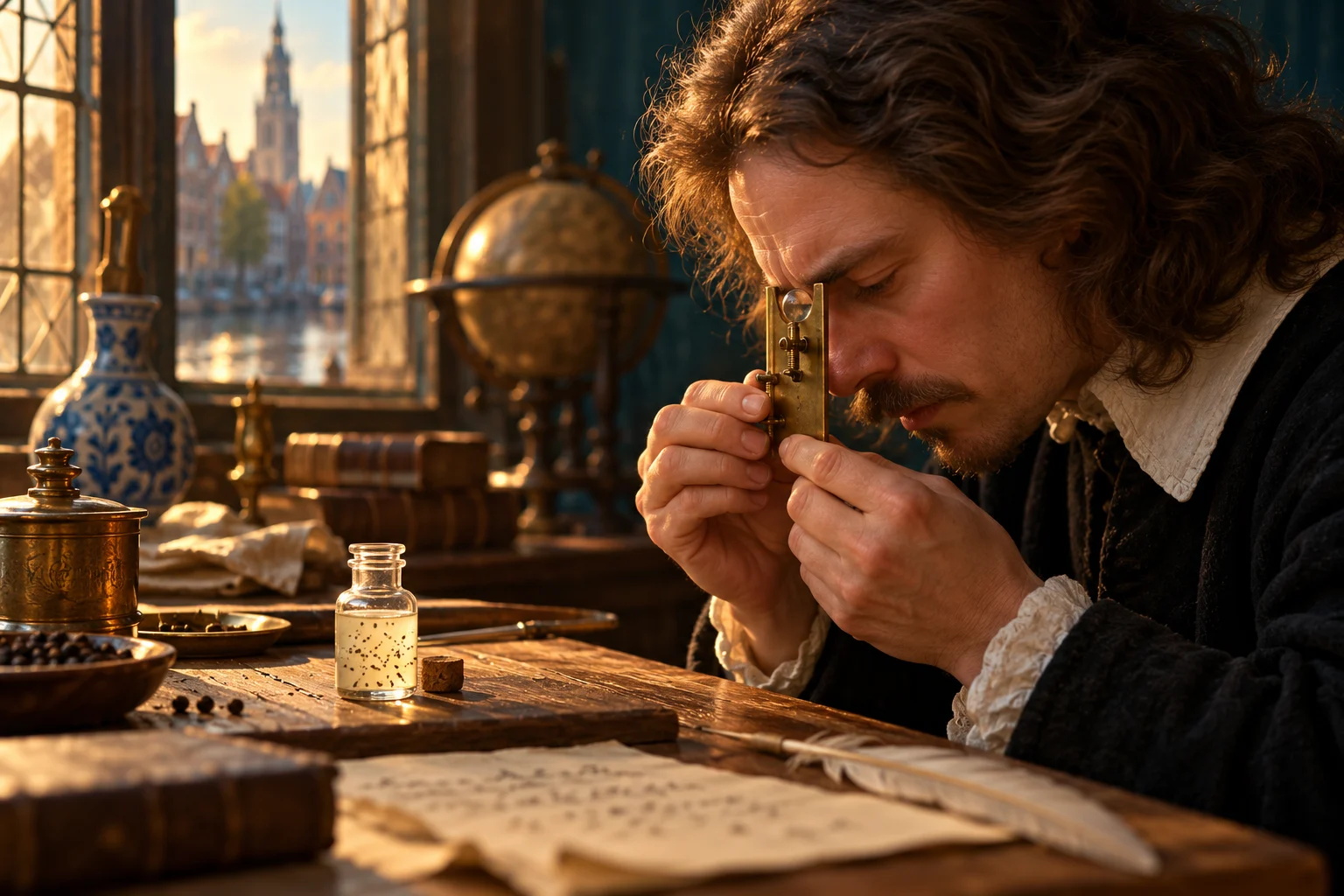 A seventeenth-century Dutch observer holds a small brass microscope close to his eye beside a vial of pepper-infused water.
