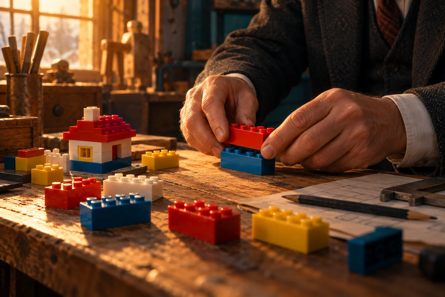 An inventor presses colorful studded building bricks together beside a small model house on a wooden workbench.
