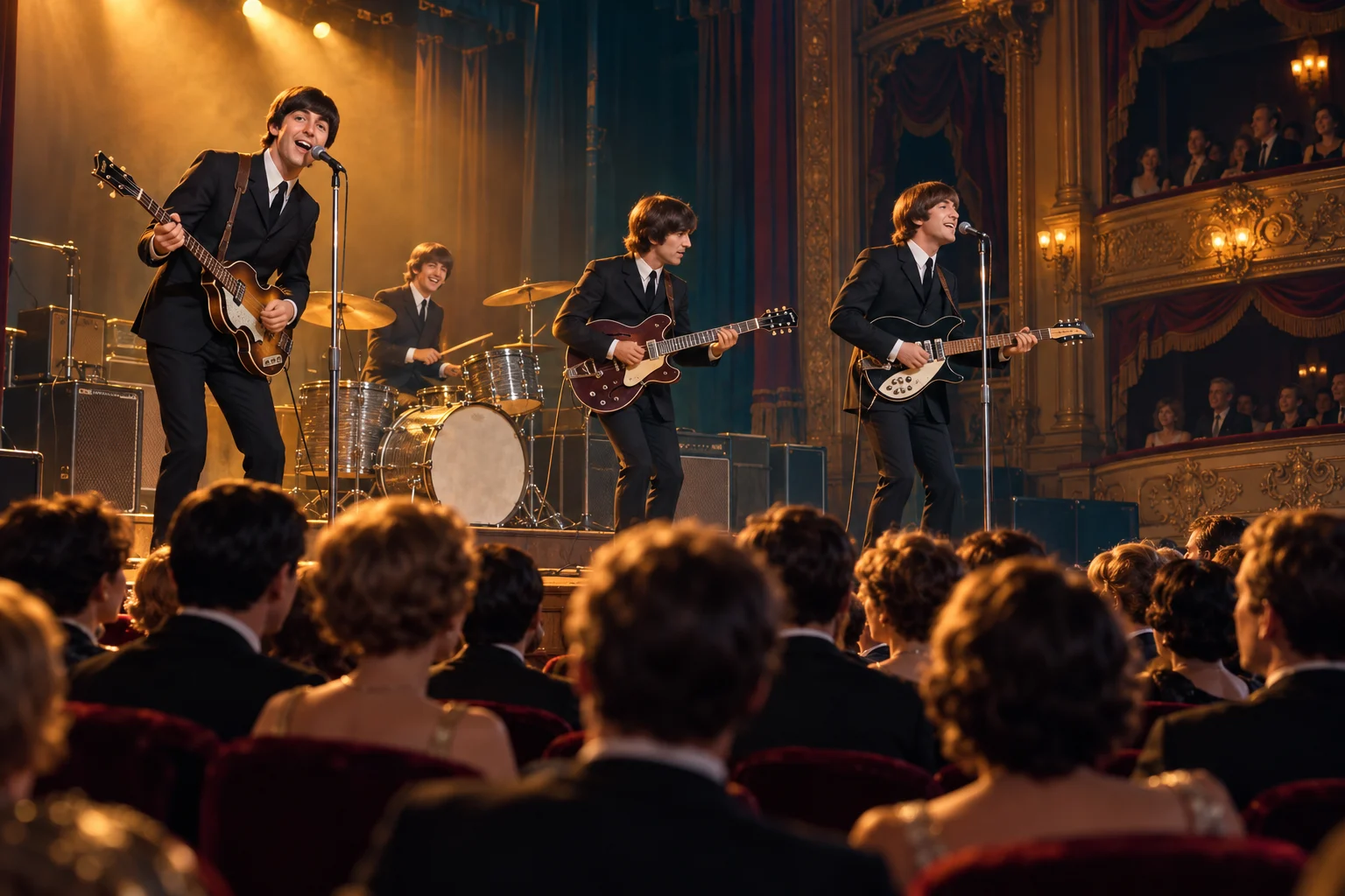 Illustration of the Beatles performing in a theatre before a formally dressed audience and spectators in boxes.