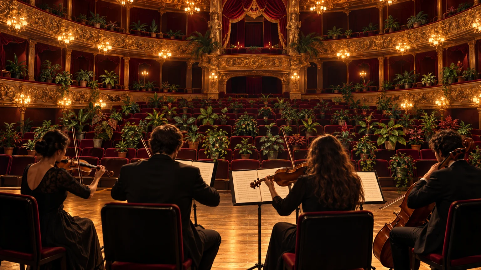 A string quartet faces potted plants occupying the red velvet seats of an ornate opera house.