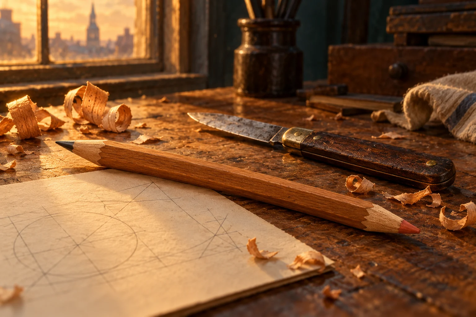 A wooden pencil sharpened at both ends lies beside a penknife and wood shavings.