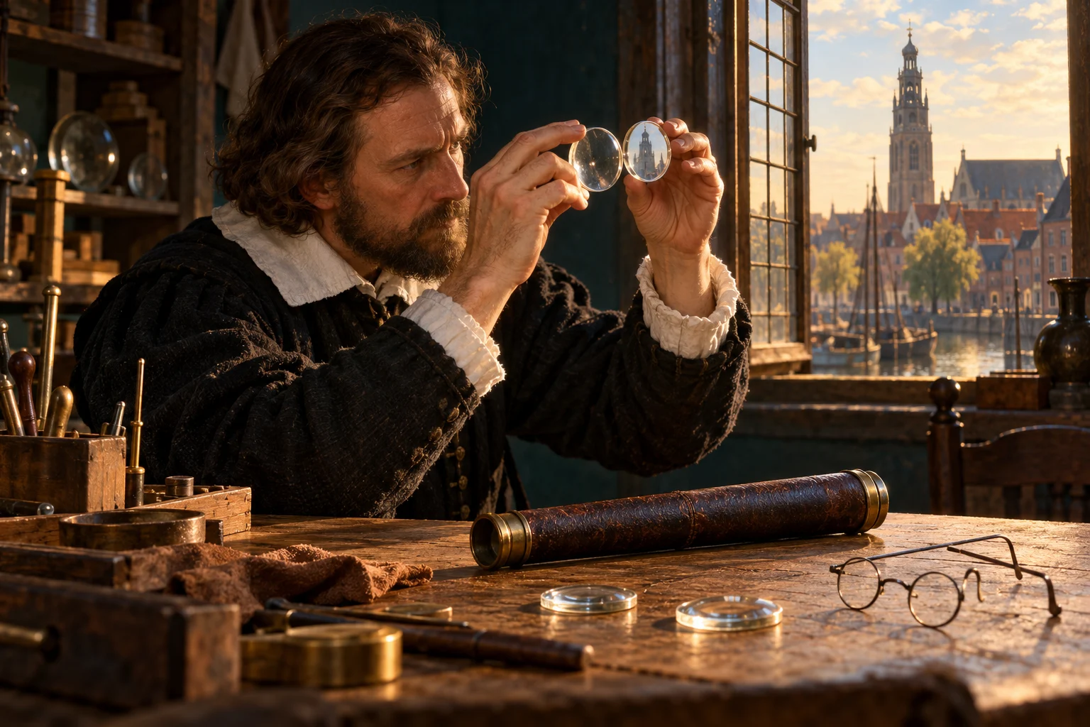 A spectacle maker examines two lenses at a workbench beside an early spyglass and plain spectacles.