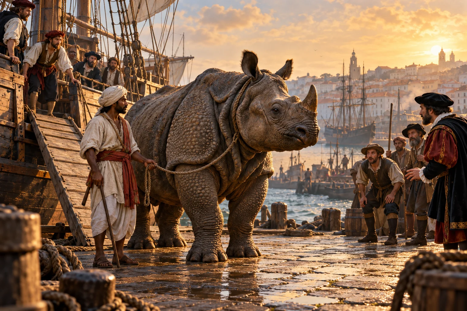 An Indian rhinoceros stands beside its keeper on a Lisbon quay, watched by early-sixteenth-century dockworkers.