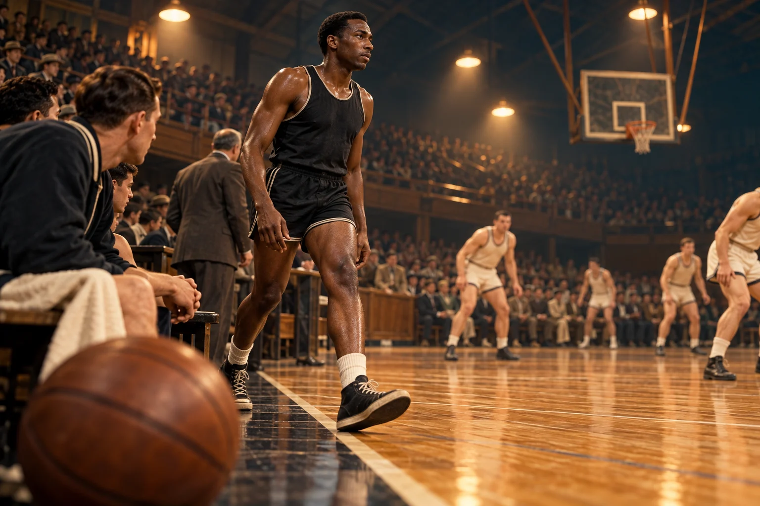 A young Black basketball player steps from the sideline onto a polished court in a crowded midcentury arena.