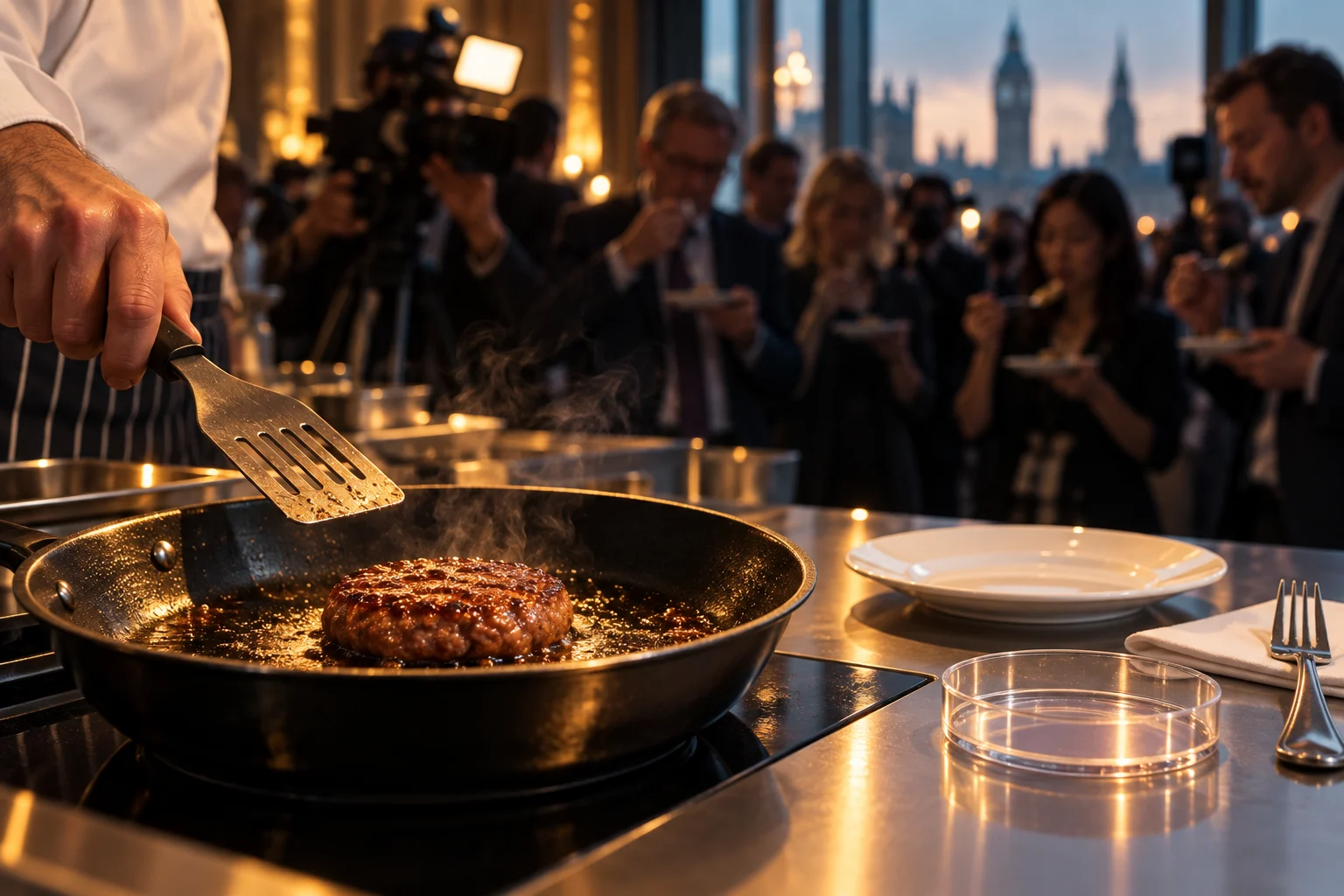A chef cooks a small beef patty beside a tasting plate and a laboratory culture dish.