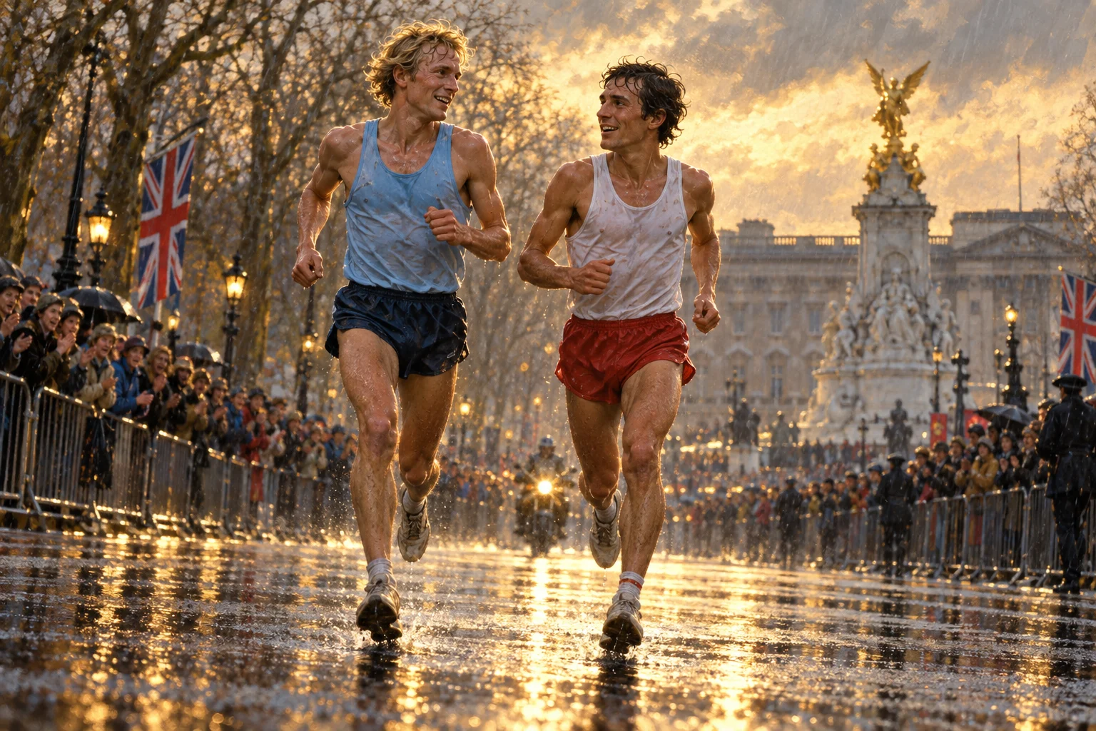 Two runners move side by side along a rain-soaked London street, watched by spectators.