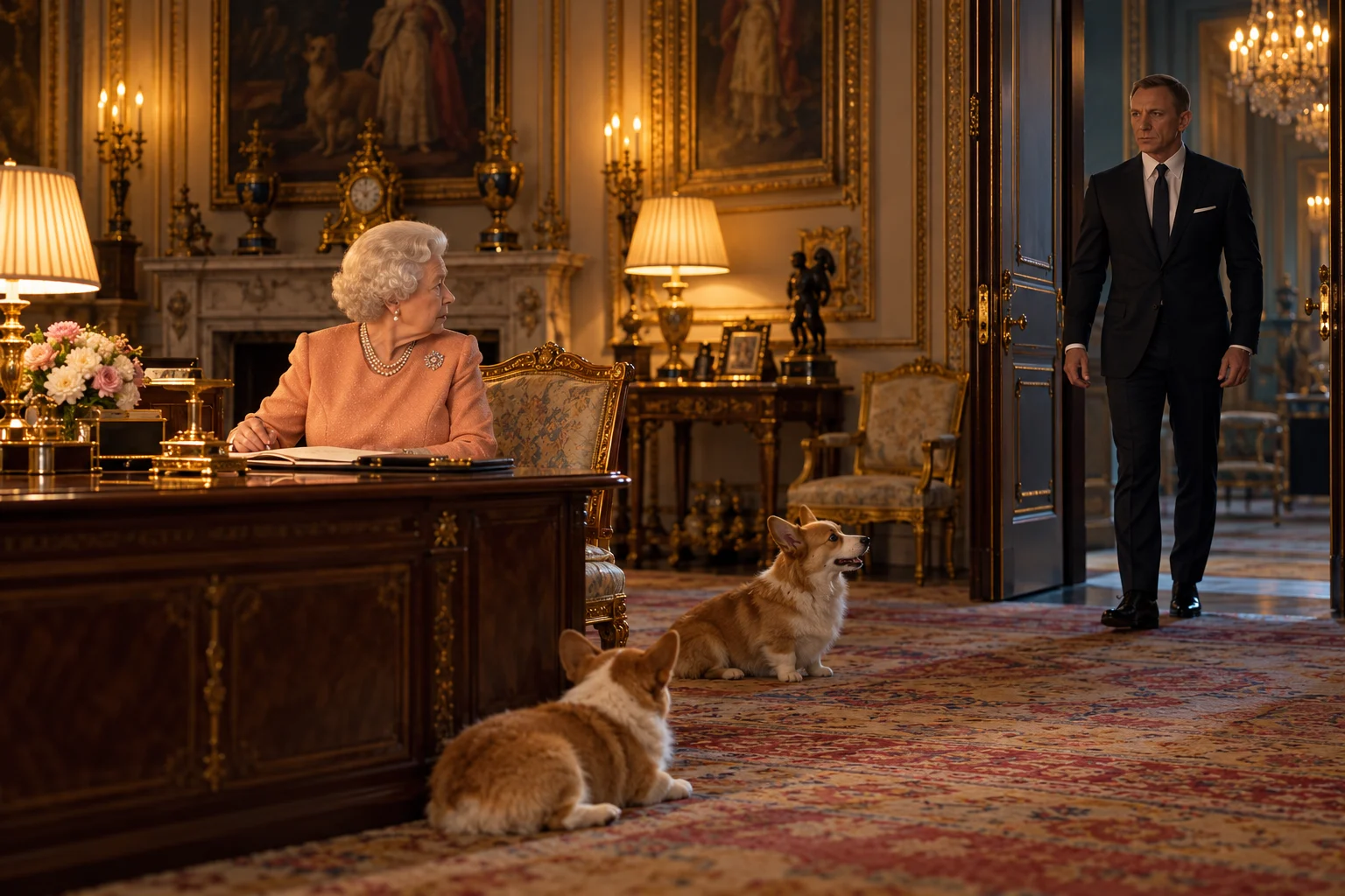 Queen Elizabeth II at a palace desk turns toward Daniel Craig as James Bond, with corgis nearby.