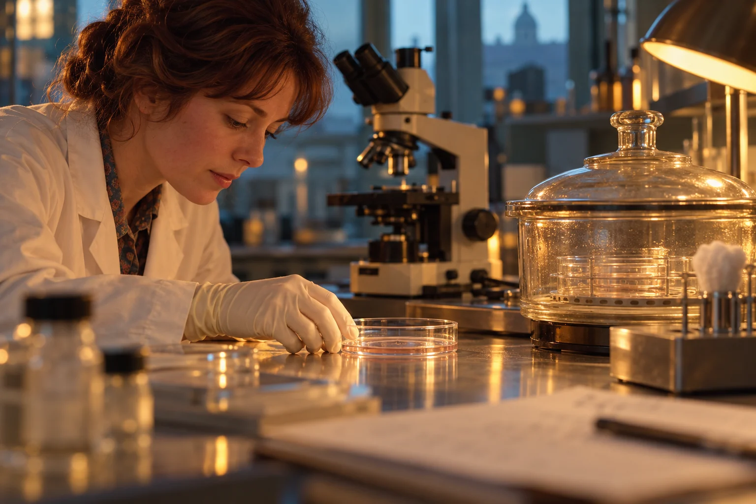 A laboratory technician works beside a shallow glass culture dish, a glass incubator and a period microscope.